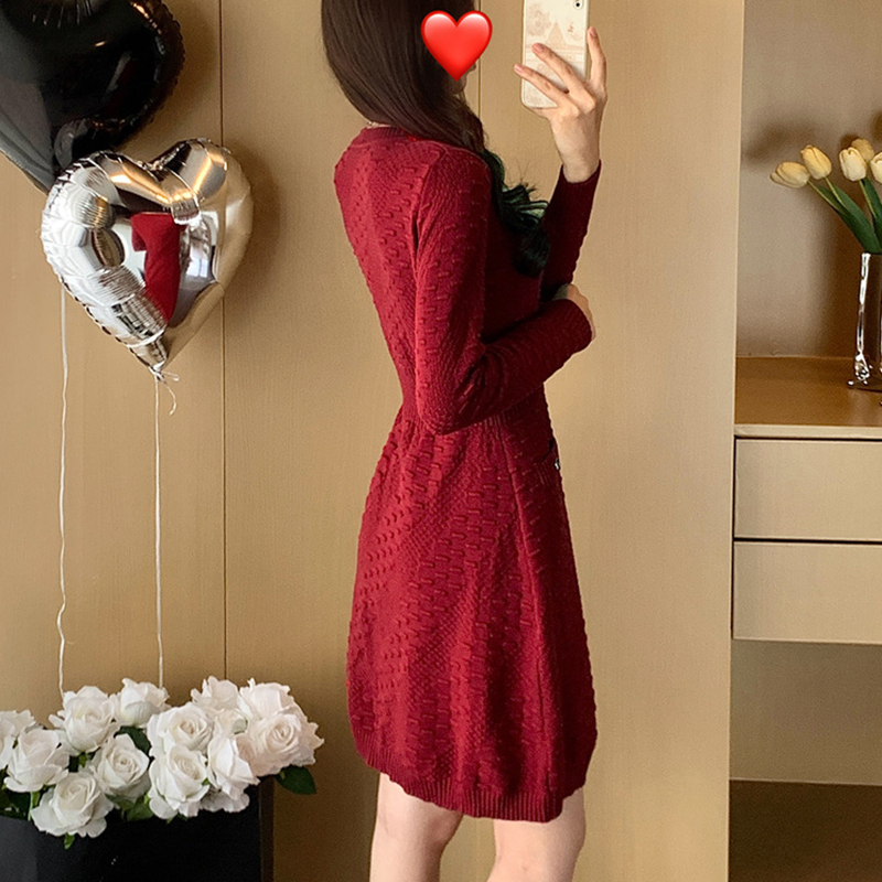 名媛小香風内搭顯瘦高腰A字毛衣裙