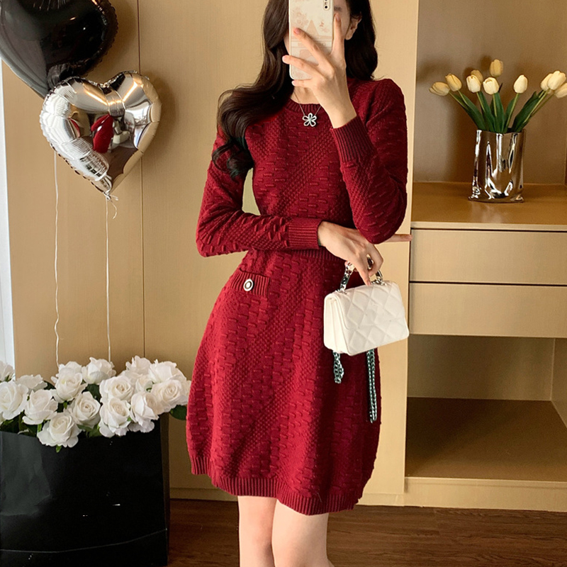 名媛小香風内搭顯瘦高腰A字毛衣裙