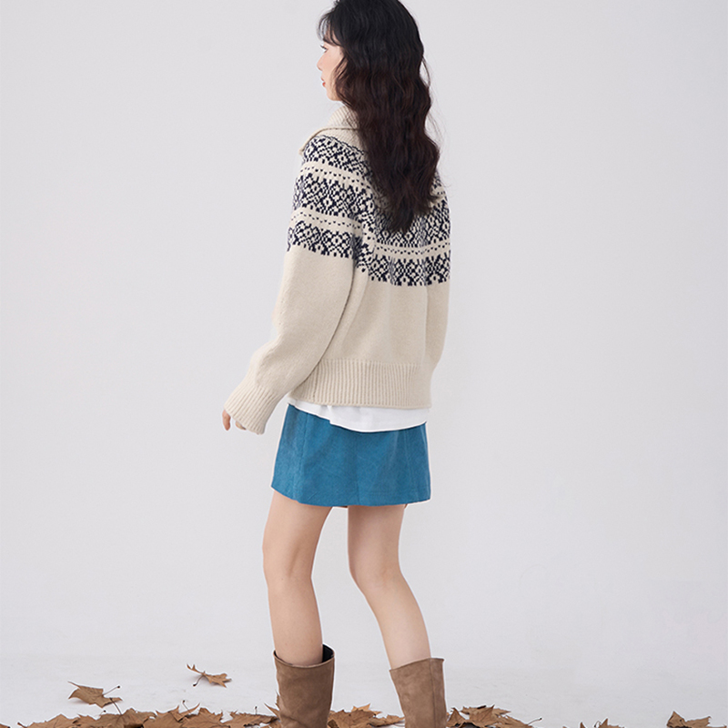 費爾島提花拉鏈針織開衫毛衣外套