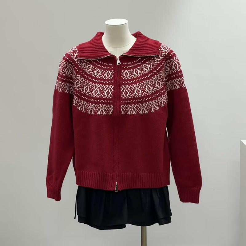 費爾島提花拉鏈針織開衫毛衣外套