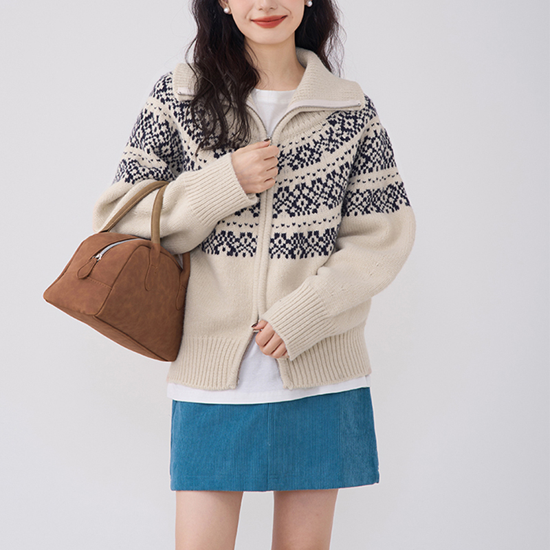費爾島提花拉鏈針織開衫毛衣外套