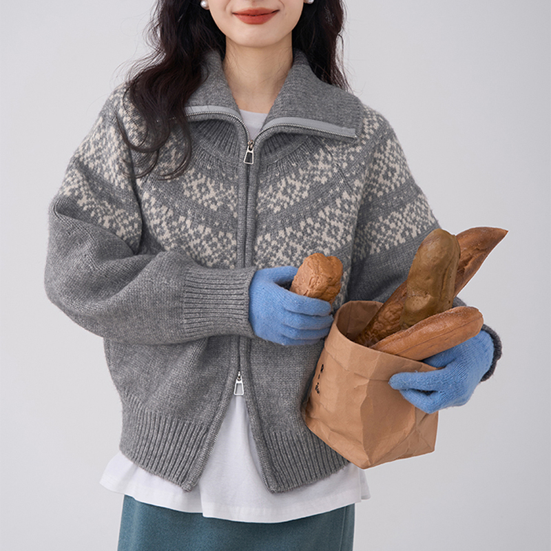 費爾島提花拉鏈針織開衫毛衣外套