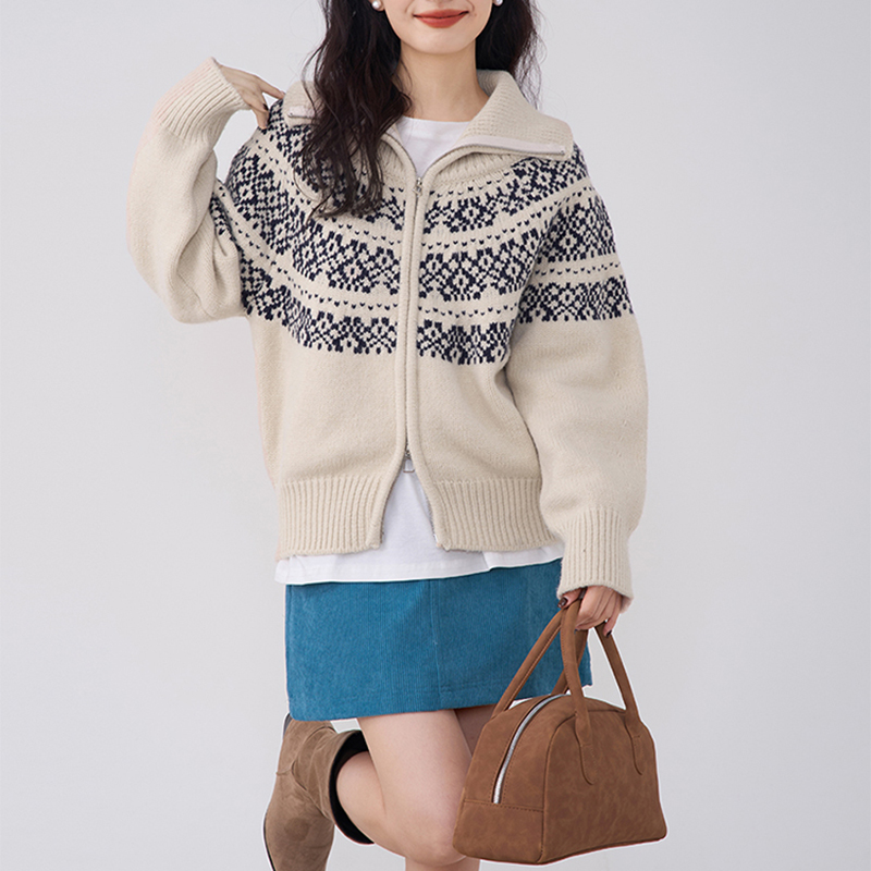 費爾島提花拉鏈針織開衫毛衣外套