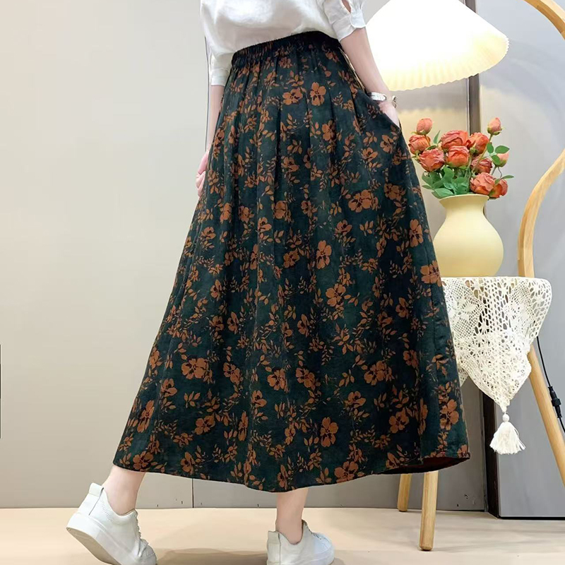 日系森女系復古小碎花高腰顯瘦磨毛A字裙