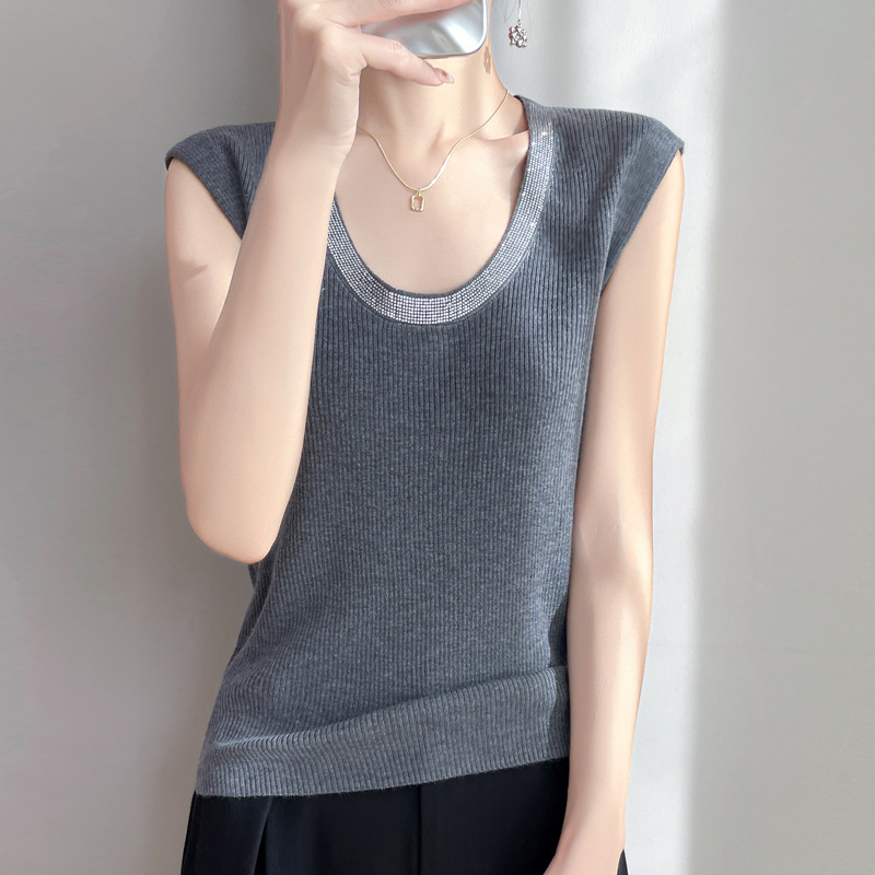 春季新款精仿羊毛U領細閃針織背心(6色)