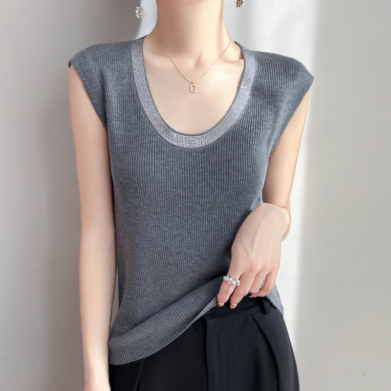 春季新款精仿羊毛U領細閃針織背心(6色)