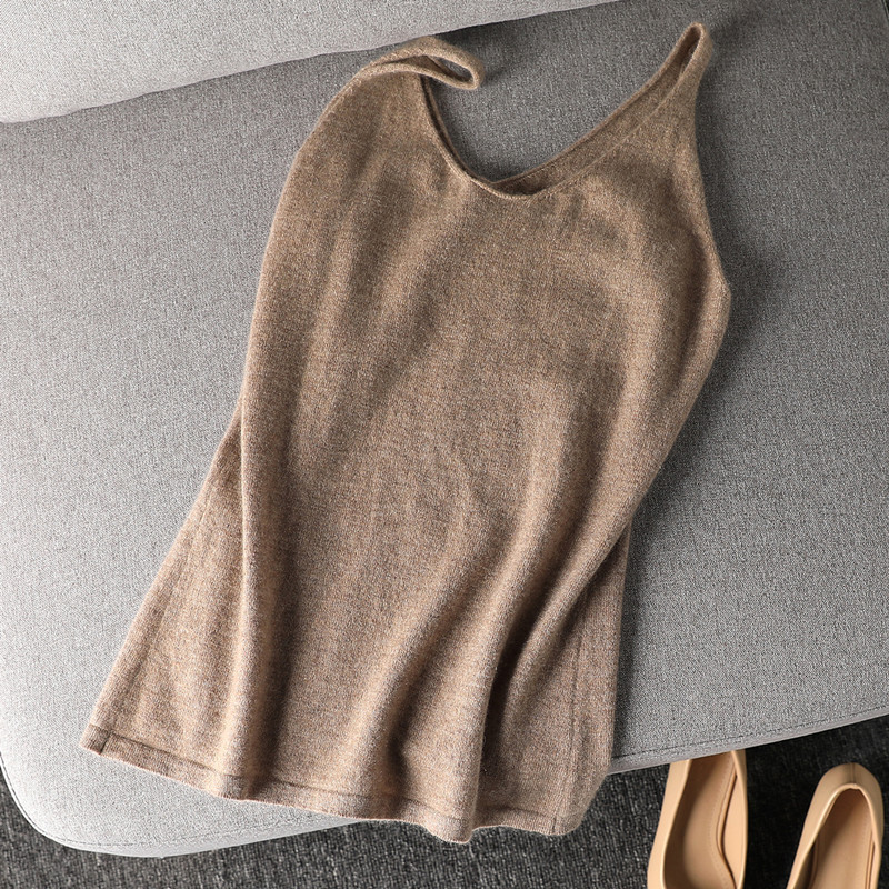 氣質簡約純羊毛V領吊帶打底背心
