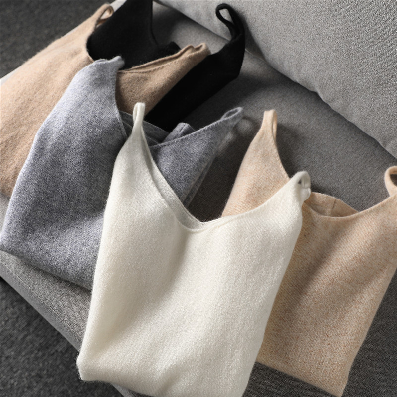 氣質簡約純羊毛V領吊帶打底背心