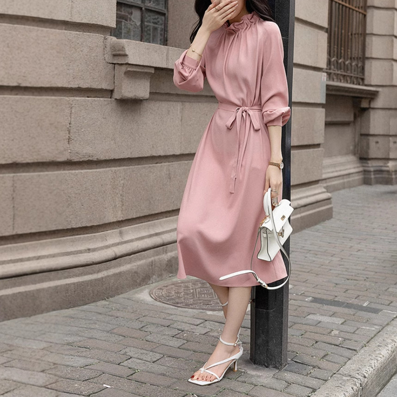 春季韓版氣質名媛風荷葉邊領連衣裙