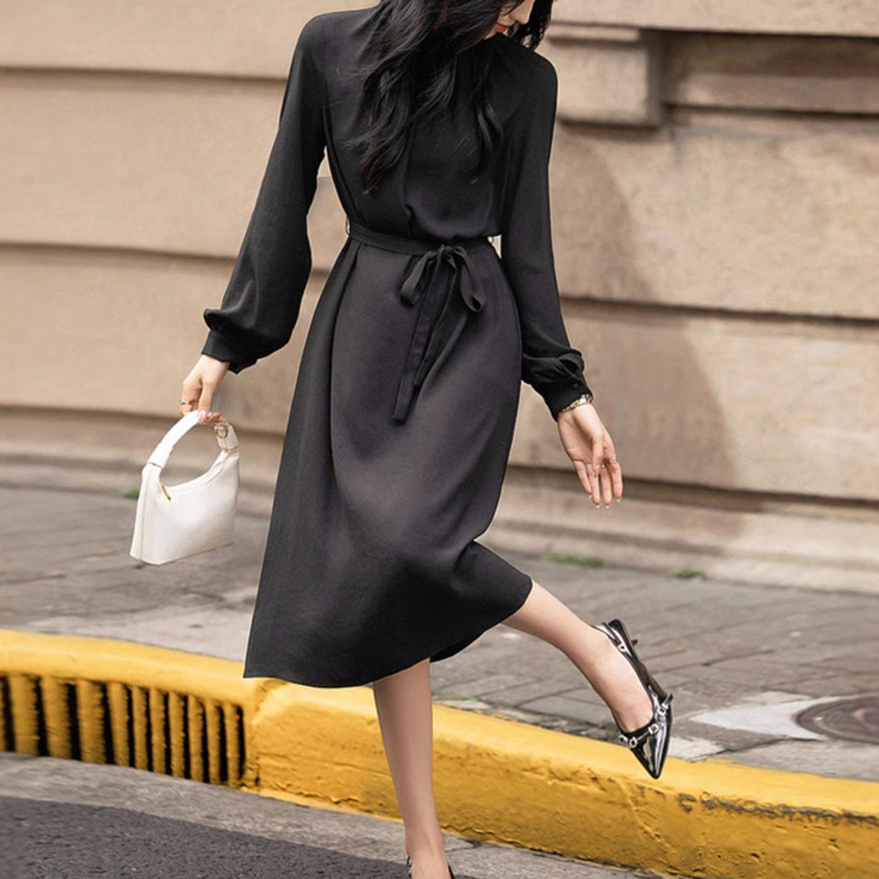 春季韓版氣質名媛風荷葉邊領連衣裙