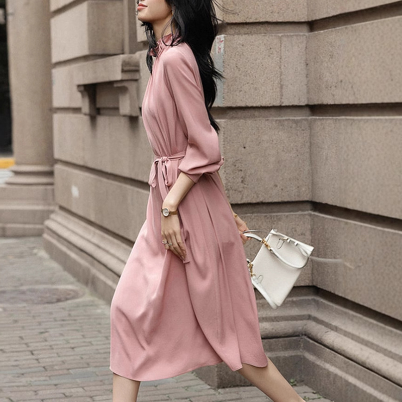 春季韓版氣質名媛風荷葉邊領連衣裙