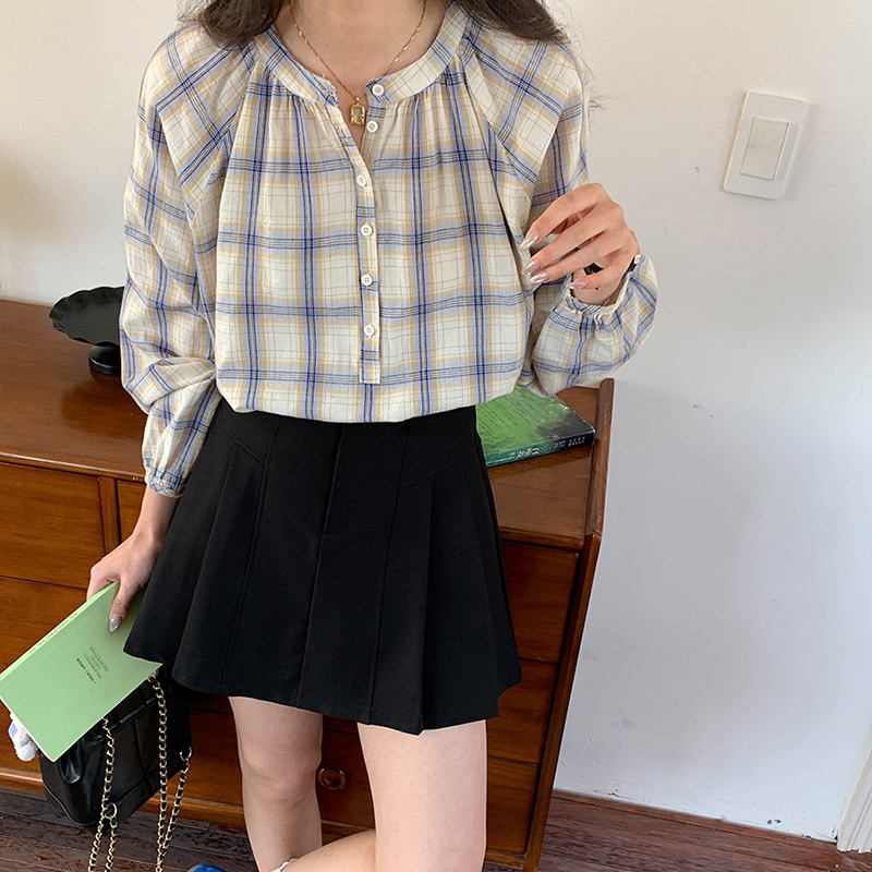 春季設計感燈籠袖格紋寬鬆圓領襯衫