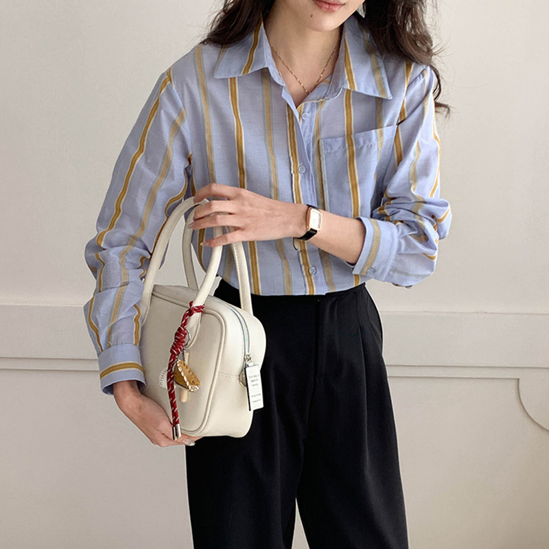 早春休閑撞色條紋翻領長袖襯衫