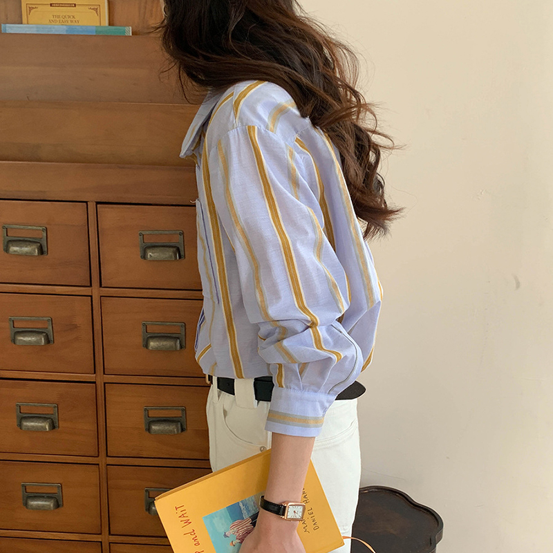 早春休閑撞色條紋翻領長袖襯衫