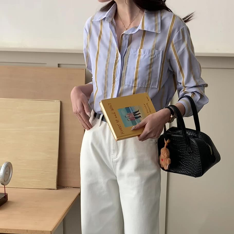 早春休閑撞色條紋翻領長袖襯衫
