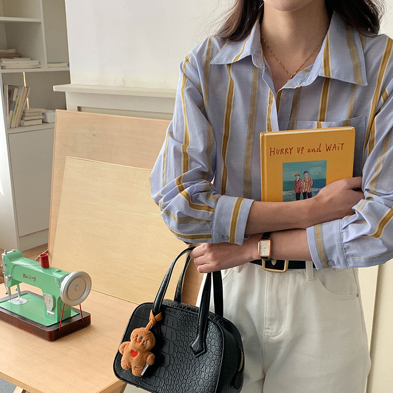 早春休閑撞色條紋翻領長袖襯衫