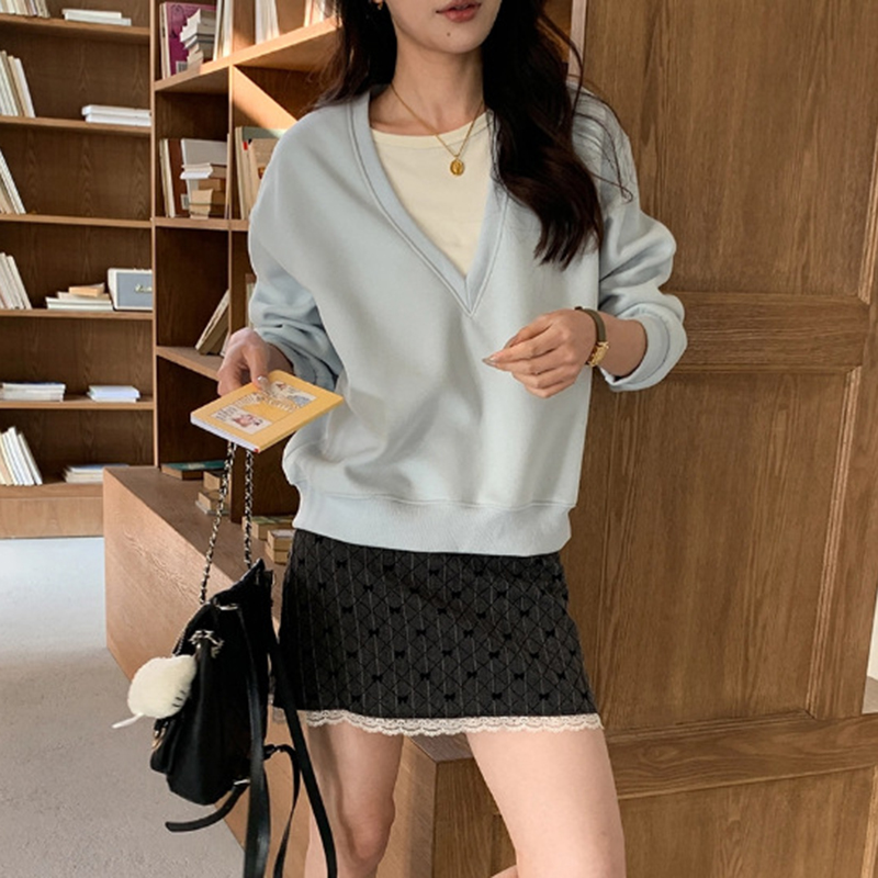 早春慵懶風寬鬆V領假兩件衛衣