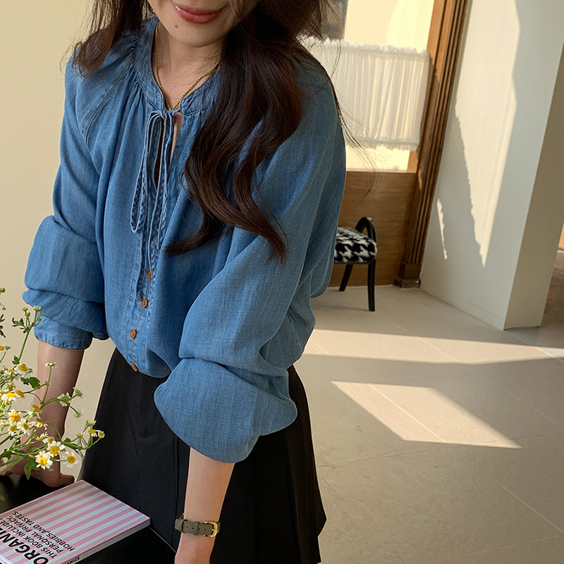 文藝復古繫帶燈籠袖牛仔襯衫