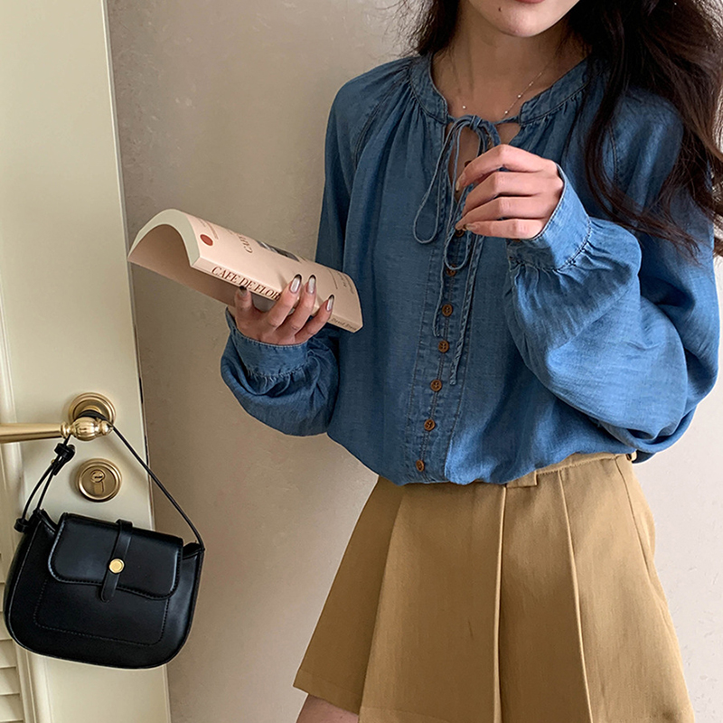 文藝復古繫帶燈籠袖牛仔襯衫