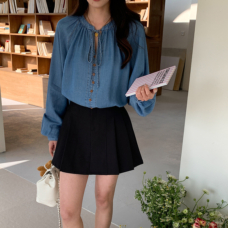 文藝復古繫帶燈籠袖牛仔襯衫