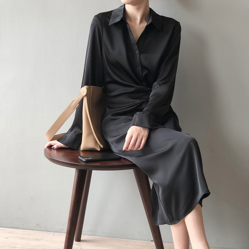 高端設計感緞面襯衣長袖連衣裙
