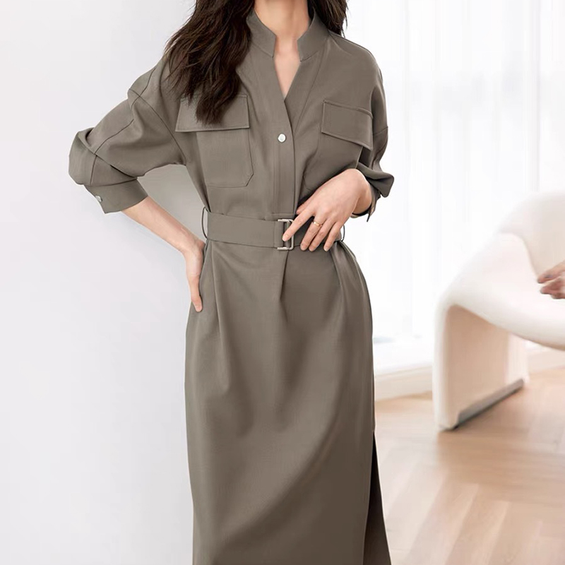 春季新款時尚氣質V領收腰顯瘦襯衫連衣裙