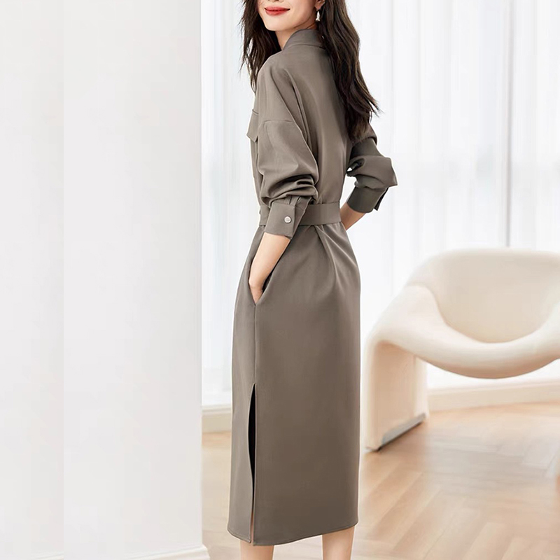 春季新款時尚氣質V領收腰顯瘦襯衫連衣裙