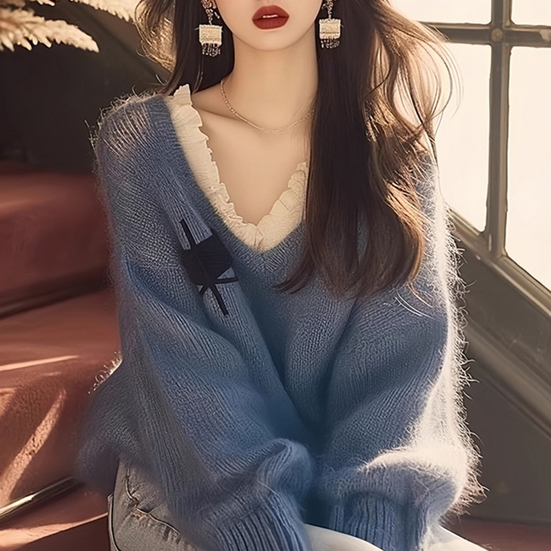 春季藍色花邊奶呼呼軟糯毛衣針織衫