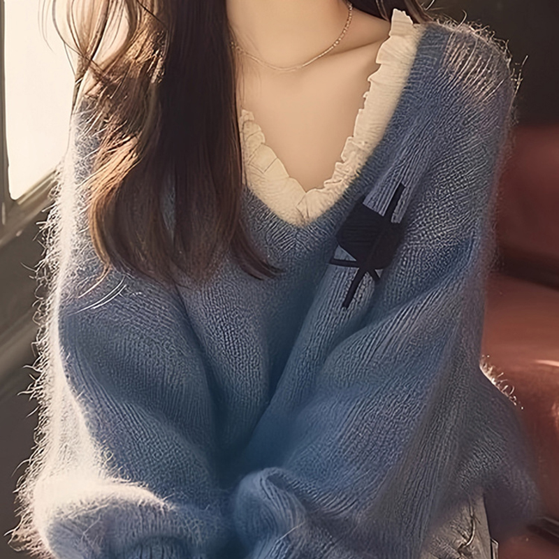 春季藍色花邊奶呼呼軟糯毛衣針織衫