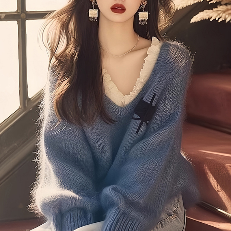 春季藍色花邊奶呼呼軟糯毛衣針織衫