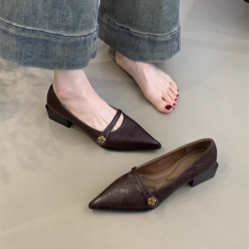 春季山茶花百搭尖頭淺口高跟皮鞋