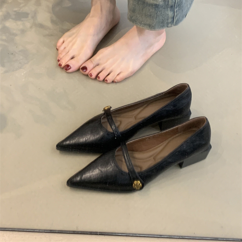 春季山茶花百搭尖頭淺口高跟皮鞋