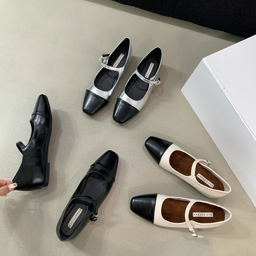 早春法式平底銀色一字帶方頭内增高晚晚鞋