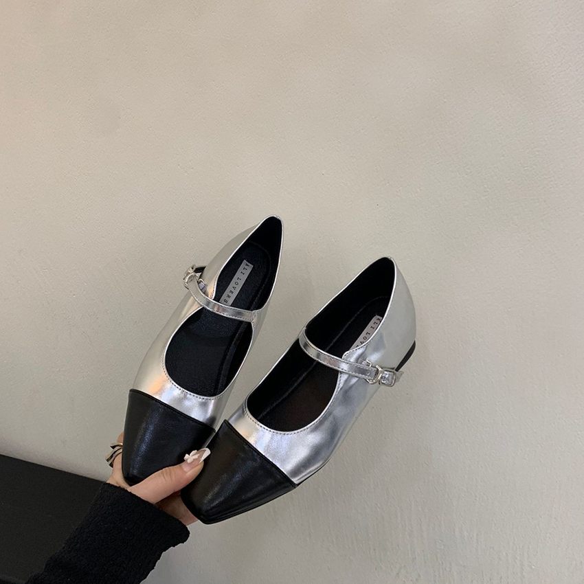 早春法式平底銀色一字帶方頭内增高晚晚鞋