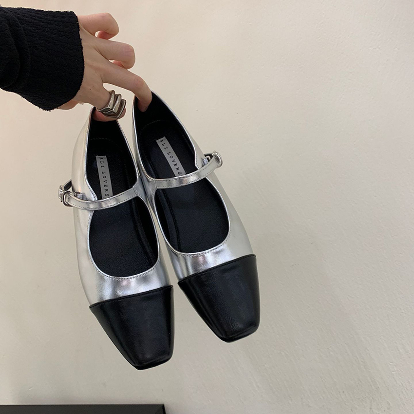 早春法式平底銀色一字帶方頭内增高晚晚鞋