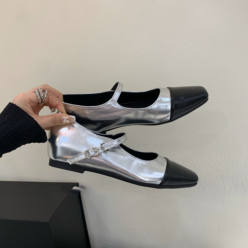早春法式平底銀色一字帶方頭内增高晚晚鞋