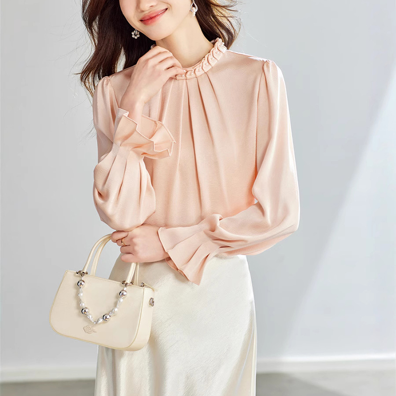 春季純色設計感蝴蝶結長袖襯衫