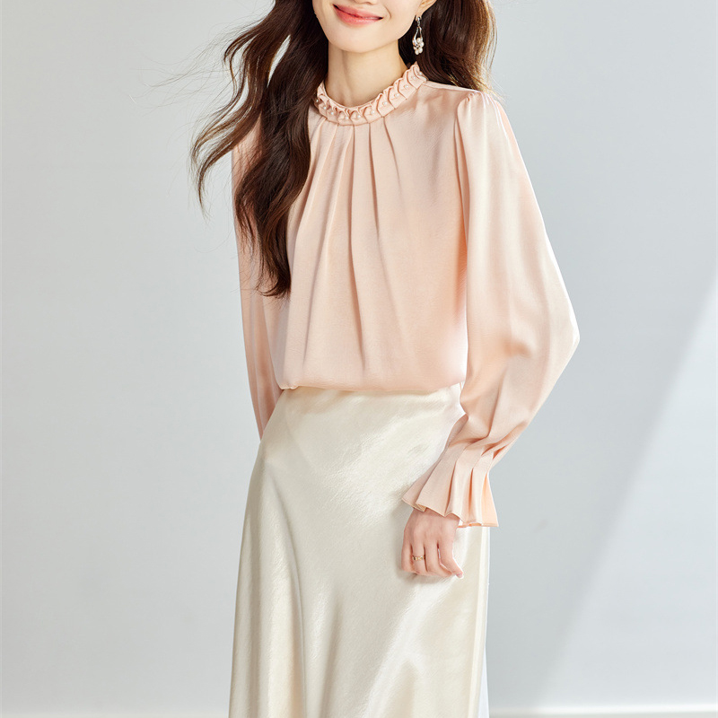 春季純色設計感蝴蝶結長袖襯衫