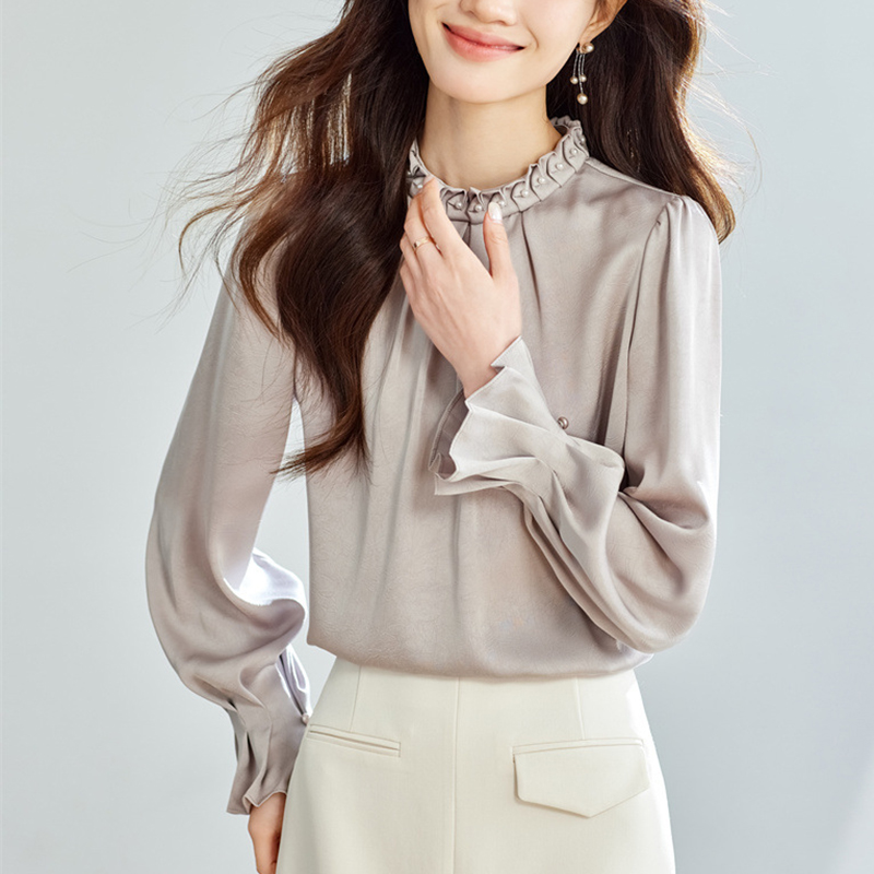 春季純色設計感蝴蝶結長袖襯衫