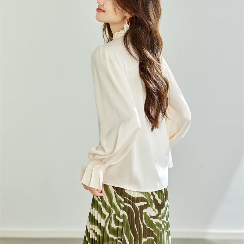 春季純色設計感蝴蝶結長袖襯衫