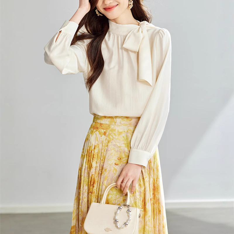 春季新款法式設計感蝴蝶結長袖雪紡襯衫