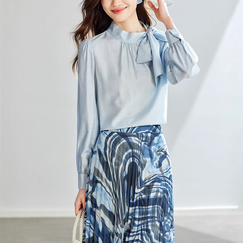 春季新款法式設計感蝴蝶結長袖雪紡襯衫