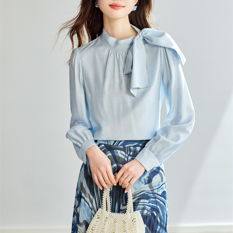 春季新款法式設計感蝴蝶結長袖雪紡襯衫