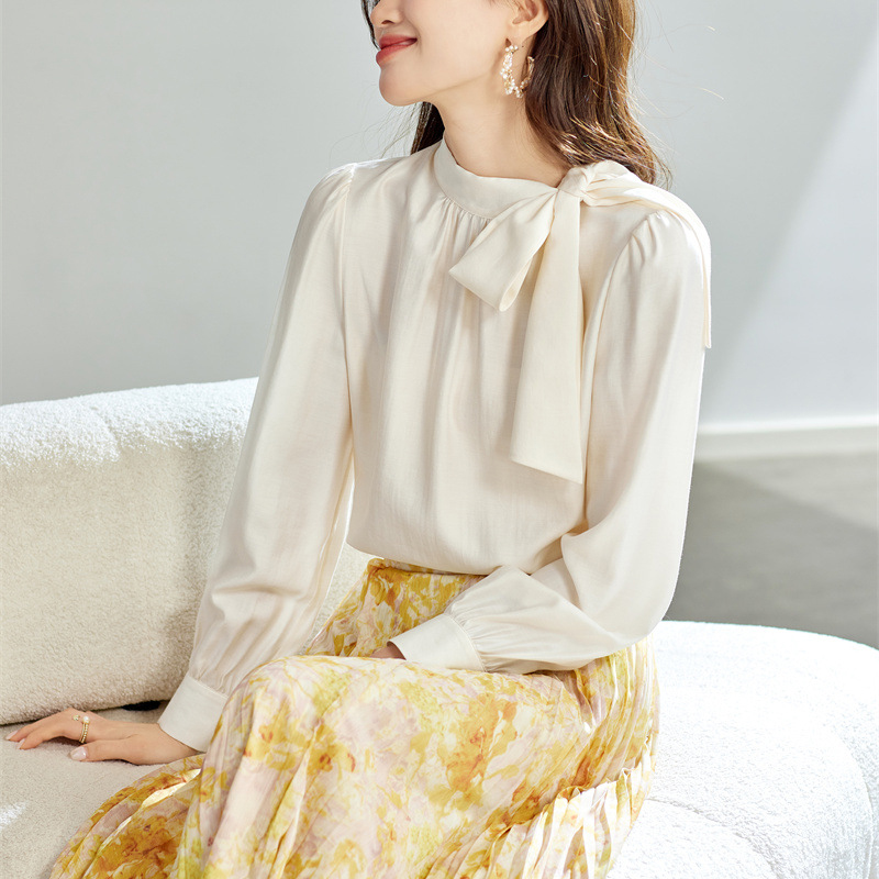 春季新款法式設計感蝴蝶結長袖雪紡襯衫