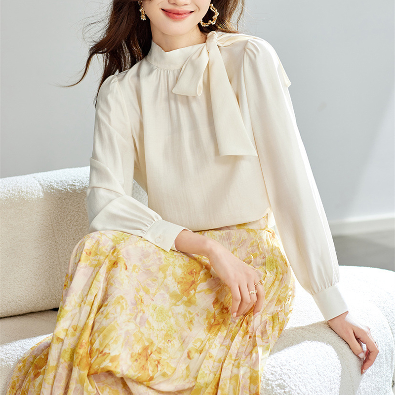 春季新款法式設計感蝴蝶結長袖雪紡襯衫