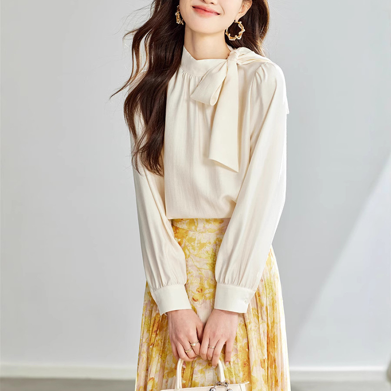 春季新款法式設計感蝴蝶結長袖雪紡襯衫