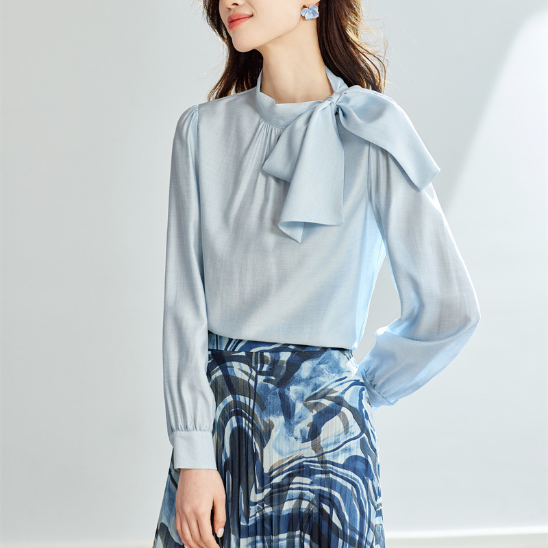 春季新款法式設計感蝴蝶結長袖雪紡襯衫