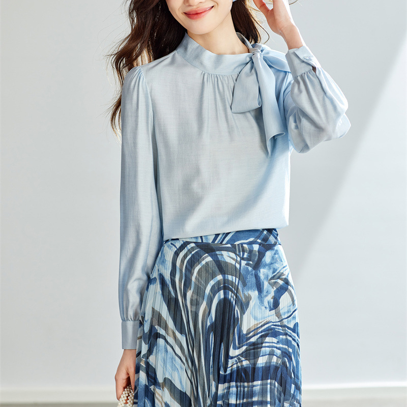 春季新款法式設計感蝴蝶結長袖雪紡襯衫