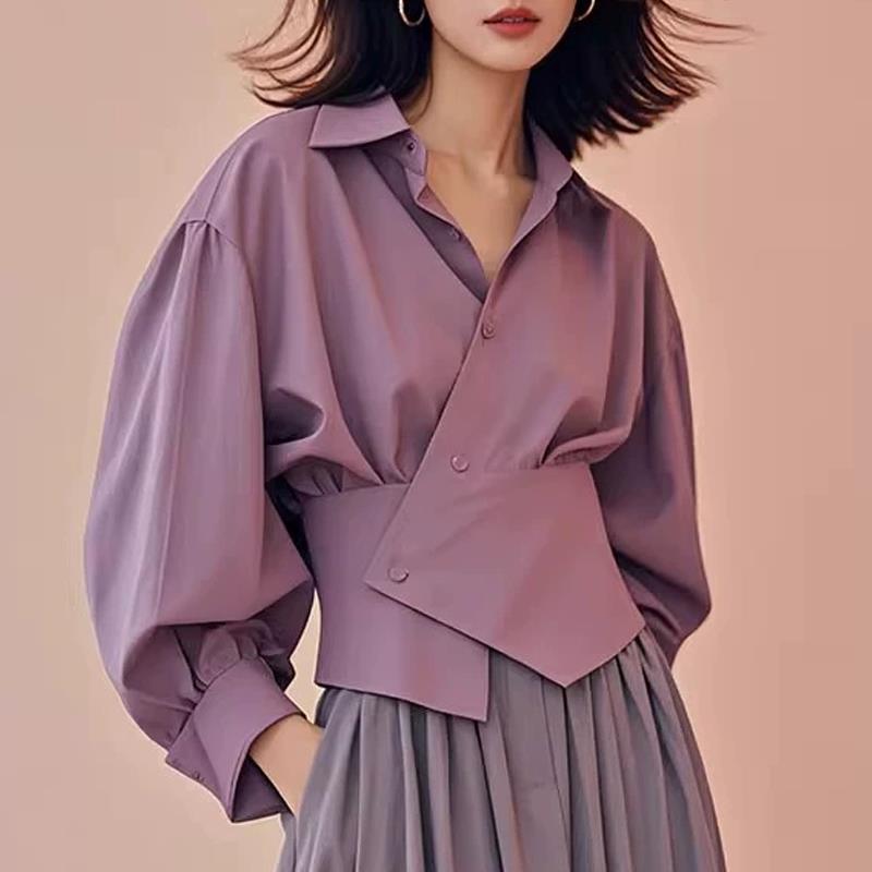 法式淡顏係香芋紫色收腰燈籠袖襯衫