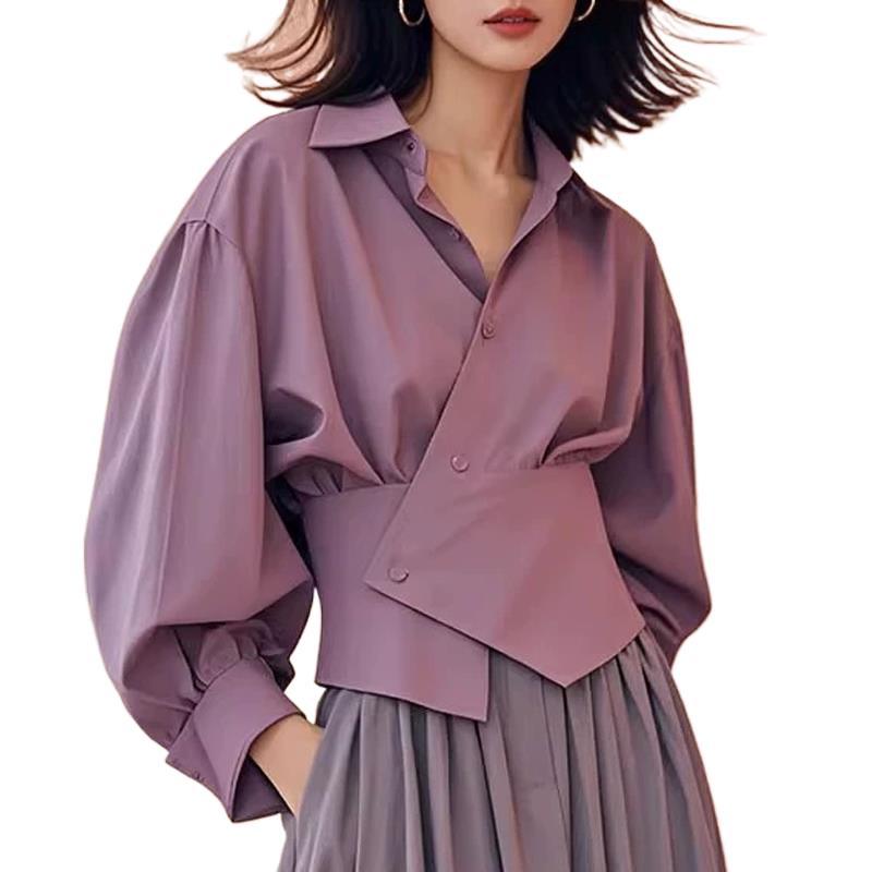 法式淡顏係香芋紫色收腰燈籠袖襯衫
